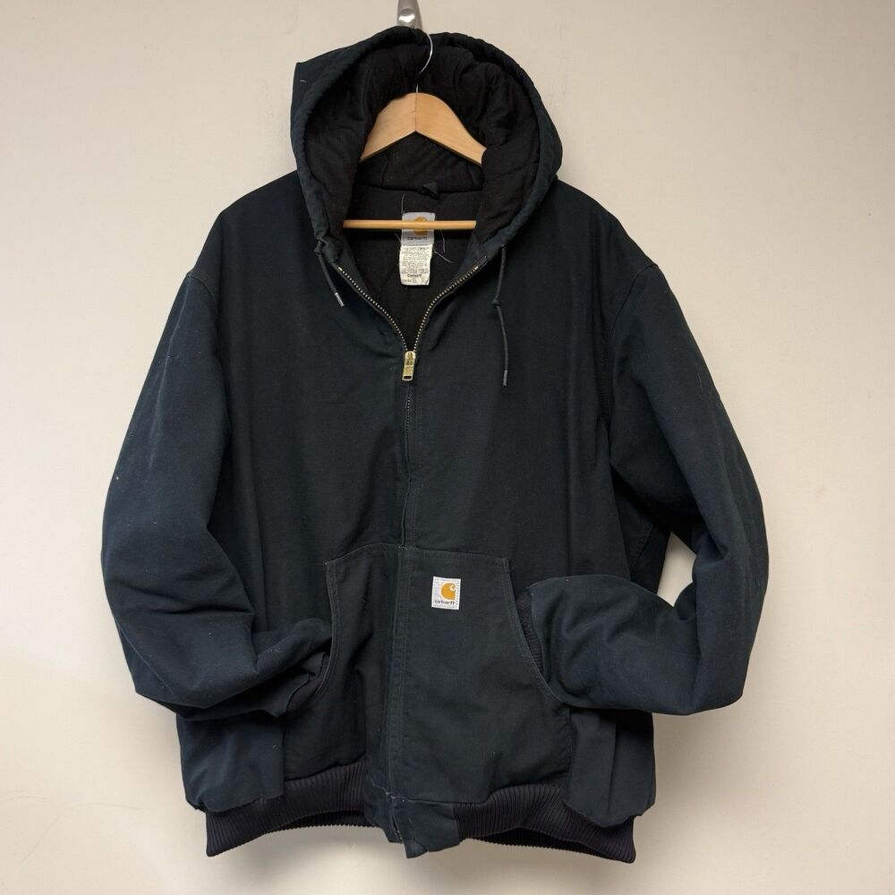 Vintage Carhartt Quilt-Lined Hooded Jacket Black J140 BLK 2XL  USA Union Made - Picture 2 of 10